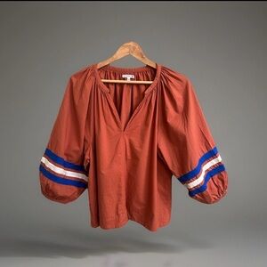 Sundry Retro Style Rust Balloon Sleeve V-Neck Top with Blue & White Stripes Sz L